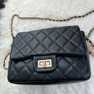Quilted Black Leather Crossbody Shoulder Bag - Gold Hardware